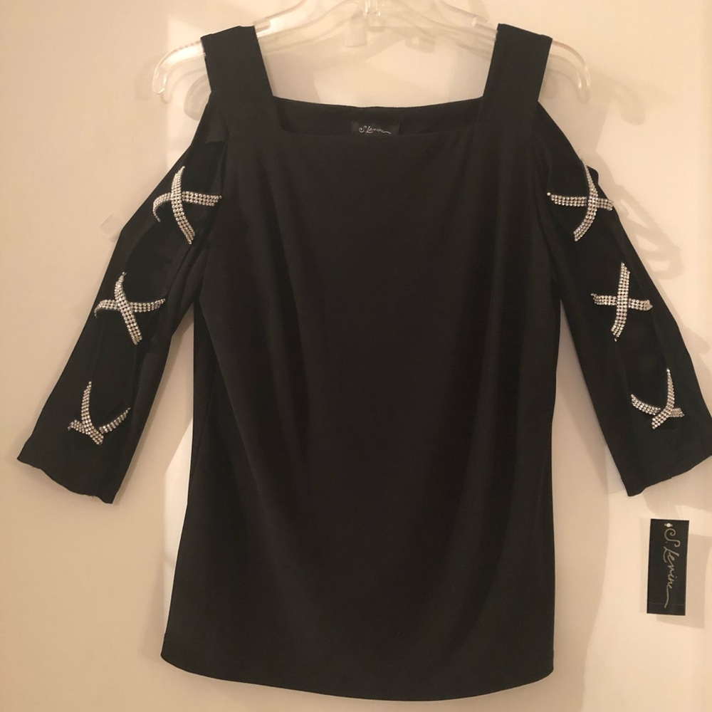 NWT  PARTY Top, S.Levine Black top with jeweled cold shoulder sleeves. Me…